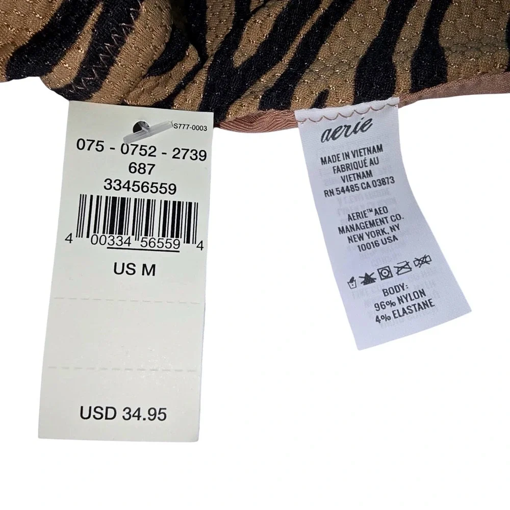 Aerie Pique Brown‎ Animal Print Tie Back Longline  Bikini Top Size Medium